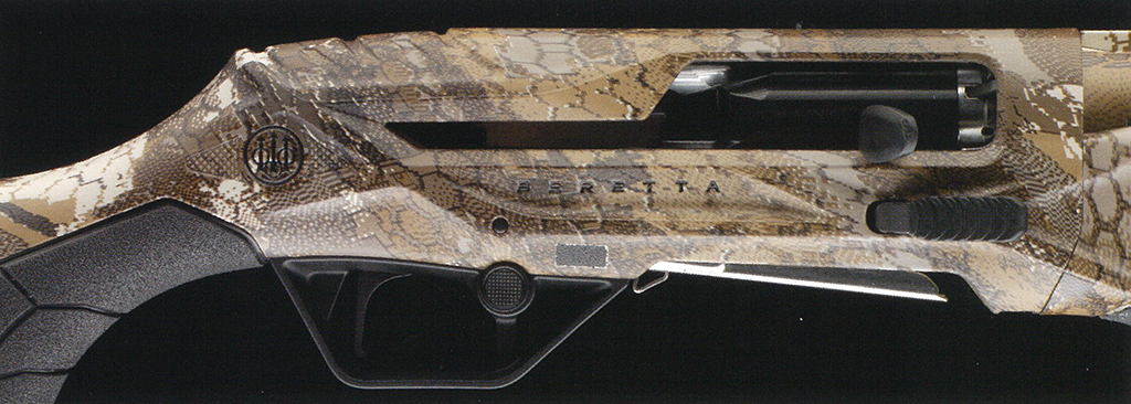 Optifade Timber – f-range 東京表参道の銃砲店 Close-up of a camouflage Beretta rifle, showing the action and polymer stock.