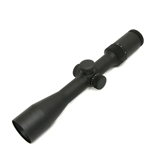 1-9 – f-range 東京表参道の銃砲店 Black rifle scope with adjustable turrets and lens at either end, viewed from a tilted angle against a white background