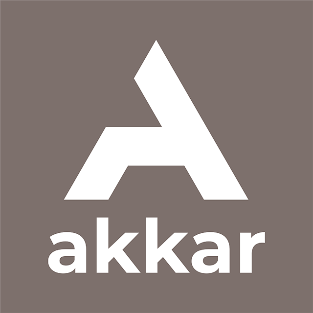 Logo: white geometric A symbol above the word'akkar' on a brown background
