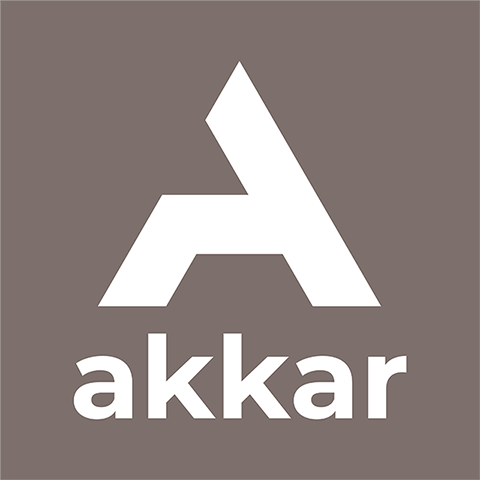 Logo for Akkar: white geometric 'A' symbol above the lowercase word 'akkar' on a brown background
