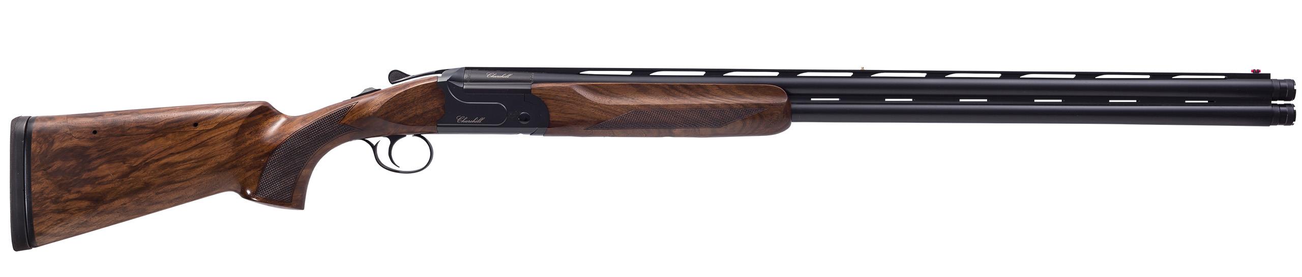 churchill-206-sporting-black-K20678- – f-range 東京表参道の銃砲店 Double-barreled hunting shotgun with a polished walnut stock and checkered grip.