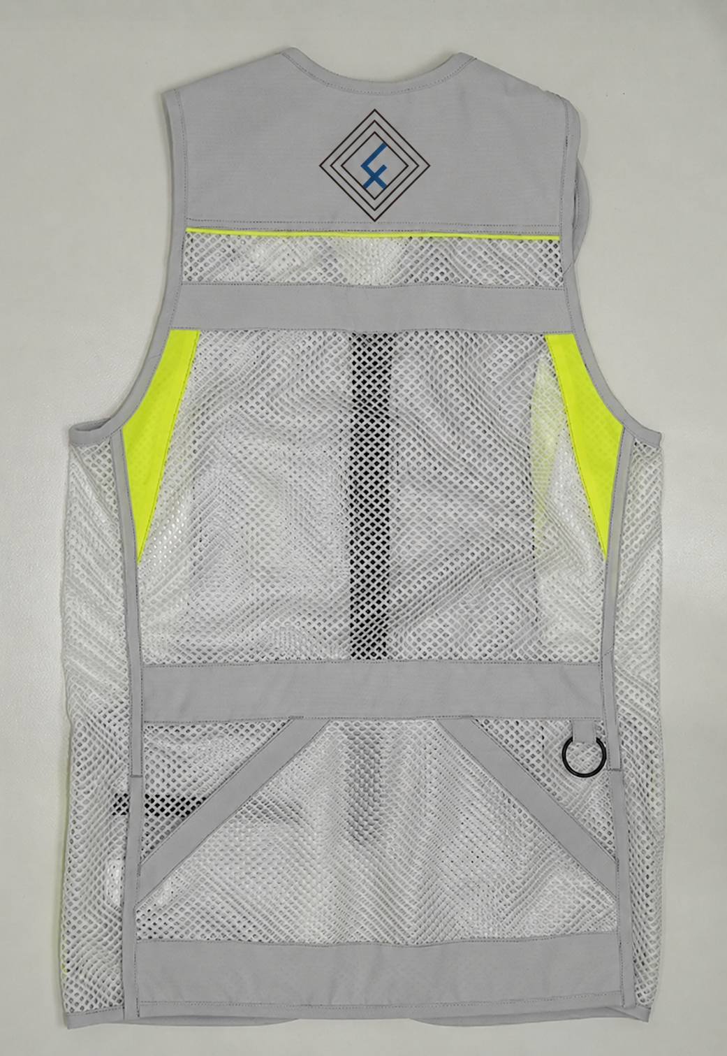 80aniv-vest_f-logo – f-range 東京表参道の銃砲店 Gray high-visibility safety vest with neon yellow accents and a mesh back, viewed from the back
