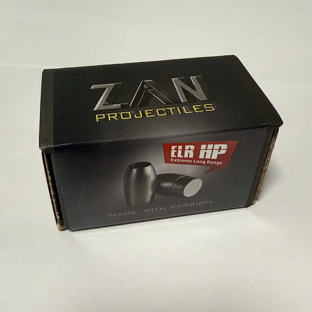 IMG_4716 – f-range 東京表参道の銃砲店 Black ZAN Projectiles box with ELR HP Extreme Long Range branding and two black projectiles shown on the front.