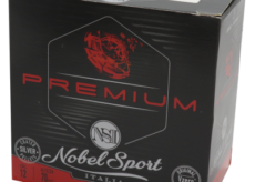 Black and red Nobel Sport Premium shotgun shells box, Italian-made, 12 gauge packaging.