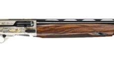 Over-under hunting shotgun with a walnut stock and ornate silver receiver.