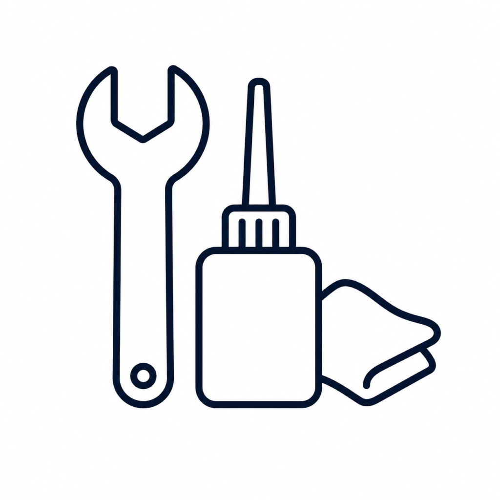 Line drawing showing a wrench, a nail polish bottle with brush, and a cloth or wipe, suggesting DIY repair and grooming tools