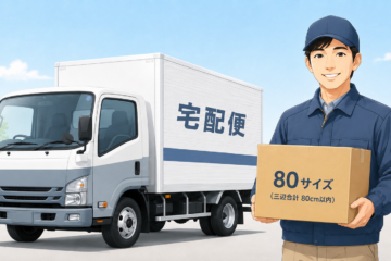 Delivery worker in a blue uniform holds a brown box beside a white delivery truck with Japanese 宅配便 on its side.